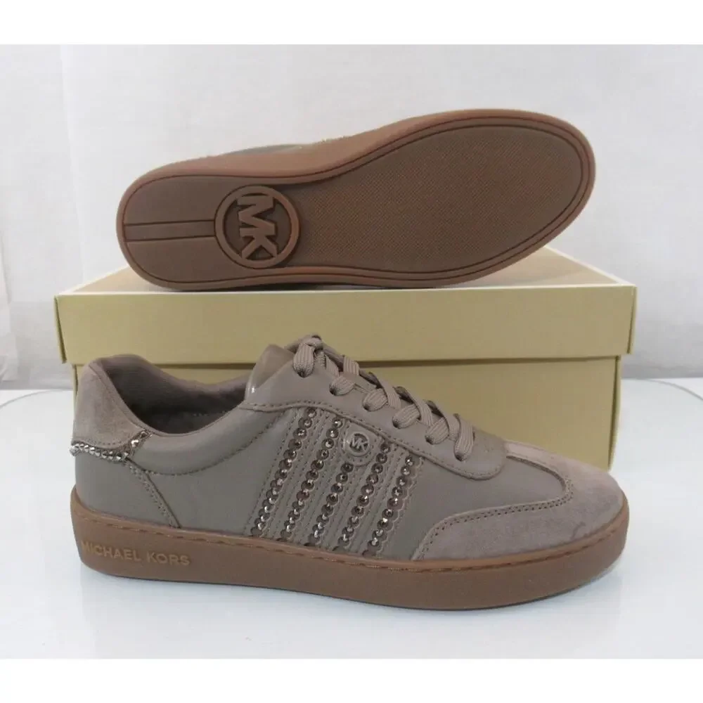Michael Kors Scotty Lace Up Sneakers Rhinestone MK Leather Birch Brown